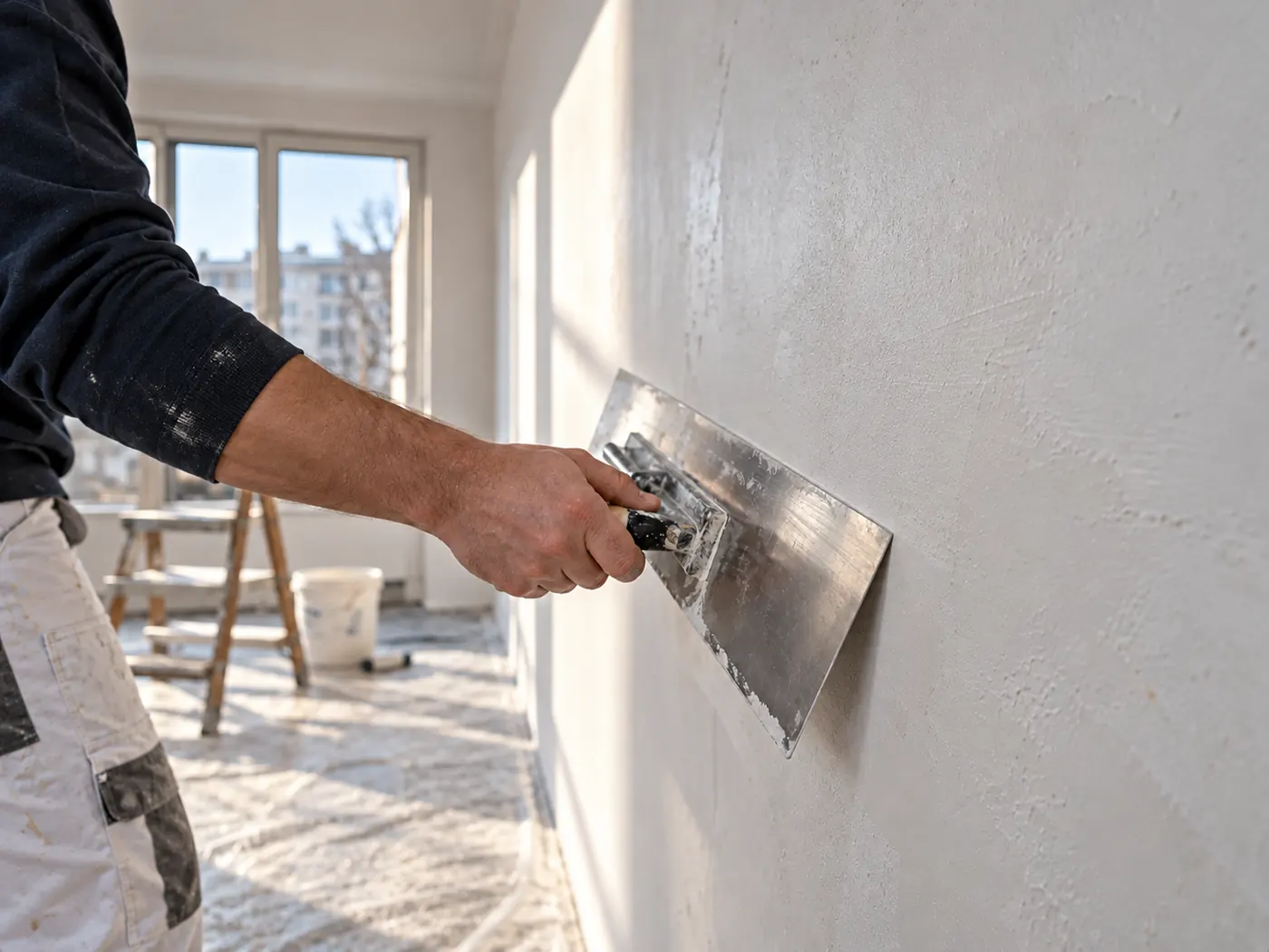 Glatt gespachtelte Wand im Streiflicht