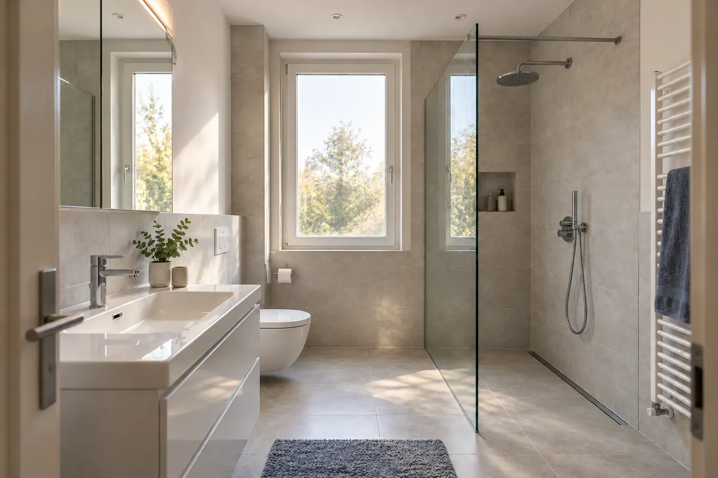 Modernes Bad mit bodengleicher Dusche