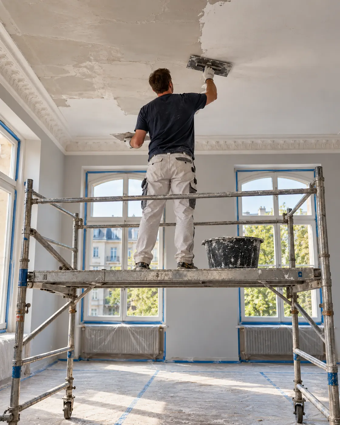 Handwerker spachtelt eine Stuckdecke